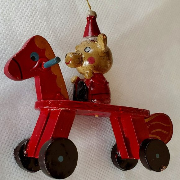 Vintage Wooden Bear Riding a Red Wooden Rolling Horse Toy Christmas Ornament - Picture 10 of 12